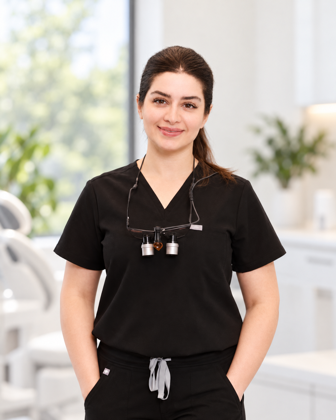 Dr. Sana in black scrubs and dental loupes in a bright operatory