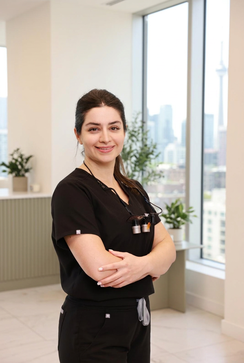 Dr. Sana Morady, general dentist, in black scrubs by a bright Toronto window